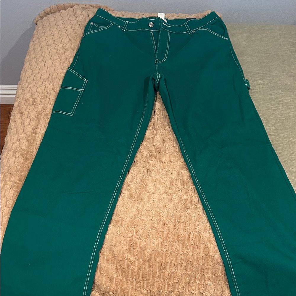 H&M Teal Trousers with White Stitching